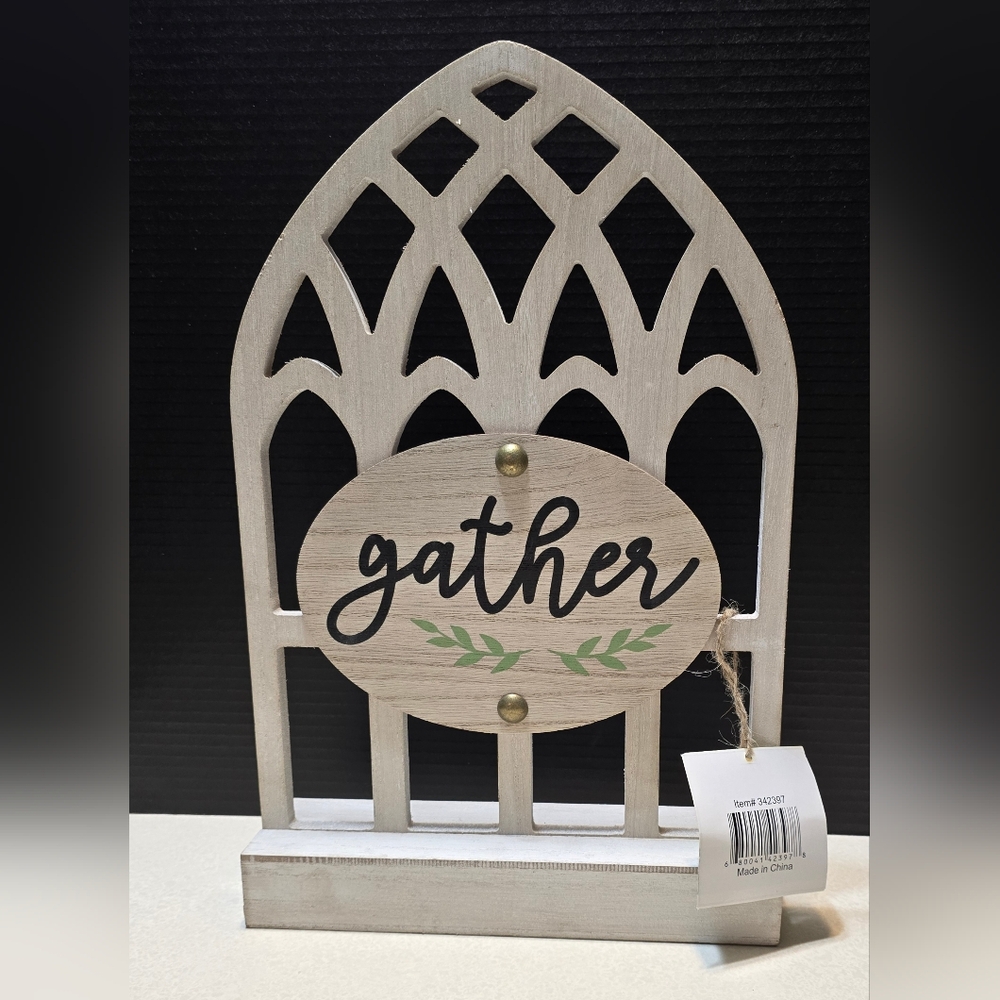 Charming Rustic Farmhouse White Wooden 'Gather' Cathedral Tabletop Arch Sign NWT